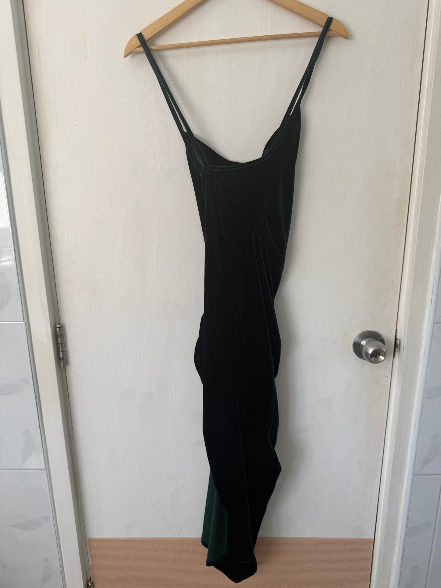 Emerald Green Velvet Cowl-Neck Midi Dress — Spaghetti Strap Side Drape — Shein