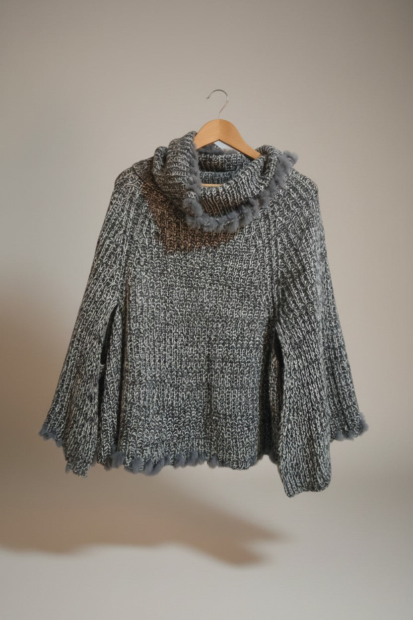 Fuzzy Knit Cape Poncho — Grey Marl