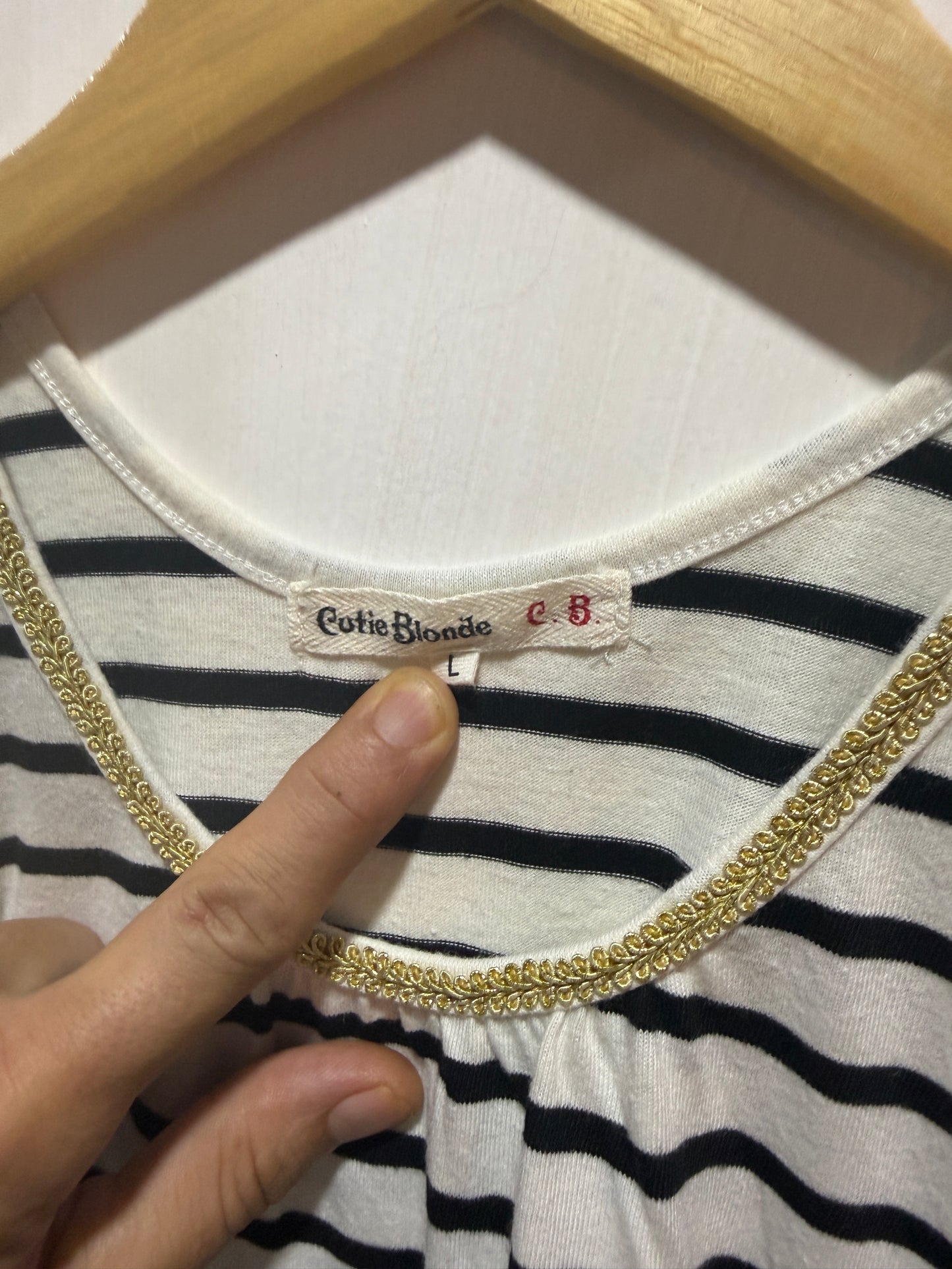 Cutie Blonde White & Black Striped Tank Dress with Gold Trim L