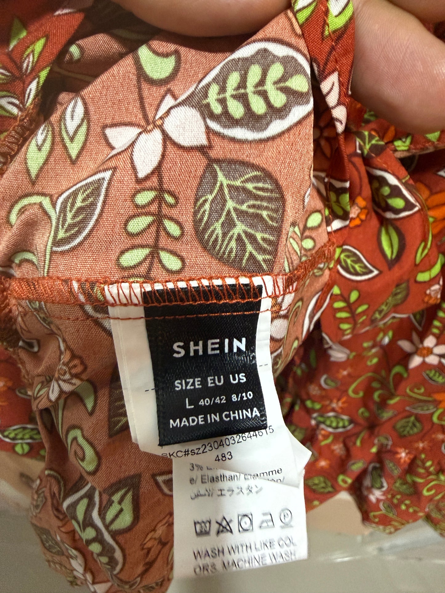 Shein Rust-Orange Floral Print Tie-Back Ruffle Dress L