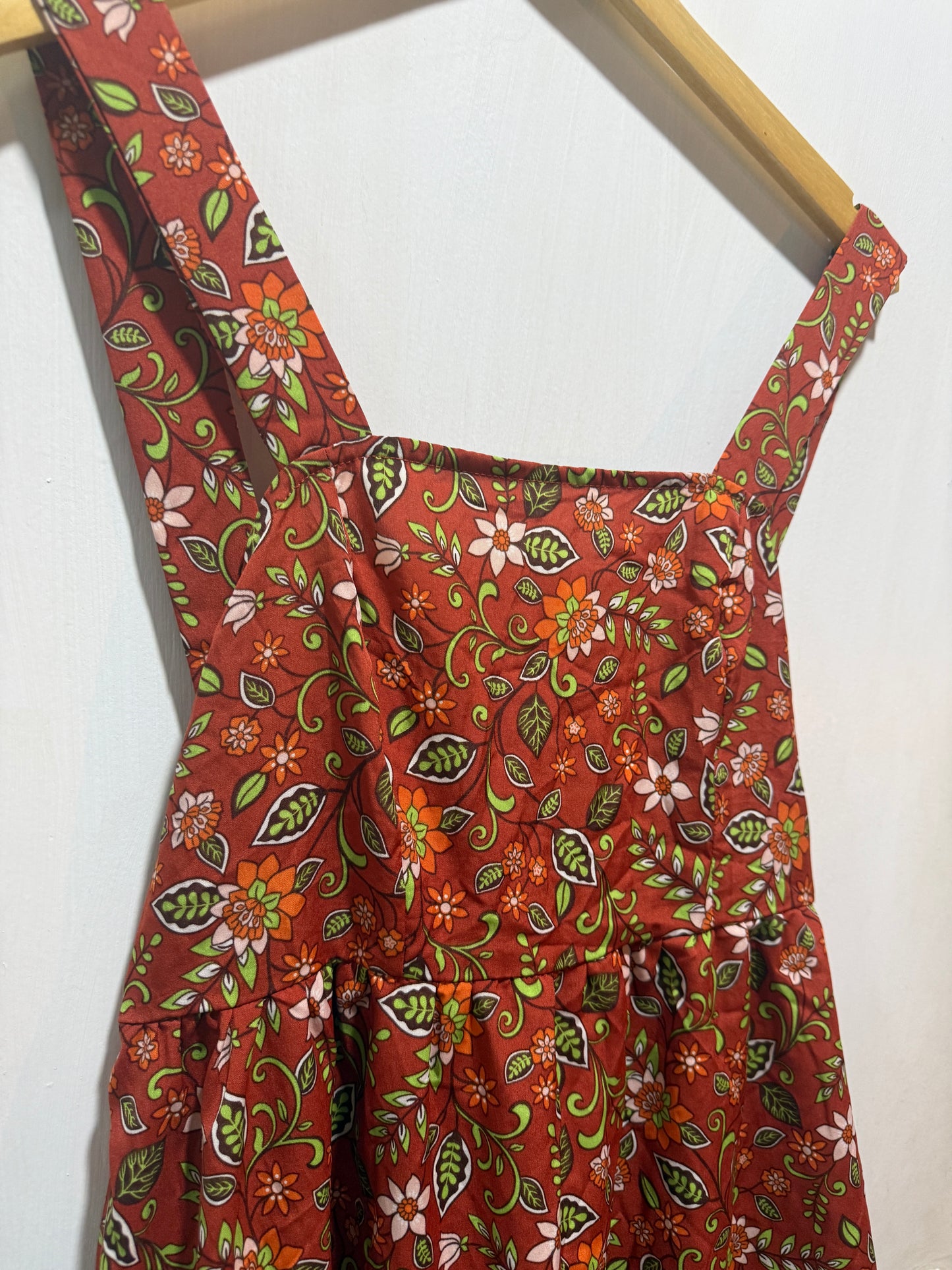 Shein Rust-Orange Floral Print Tie-Back Ruffle Dress L