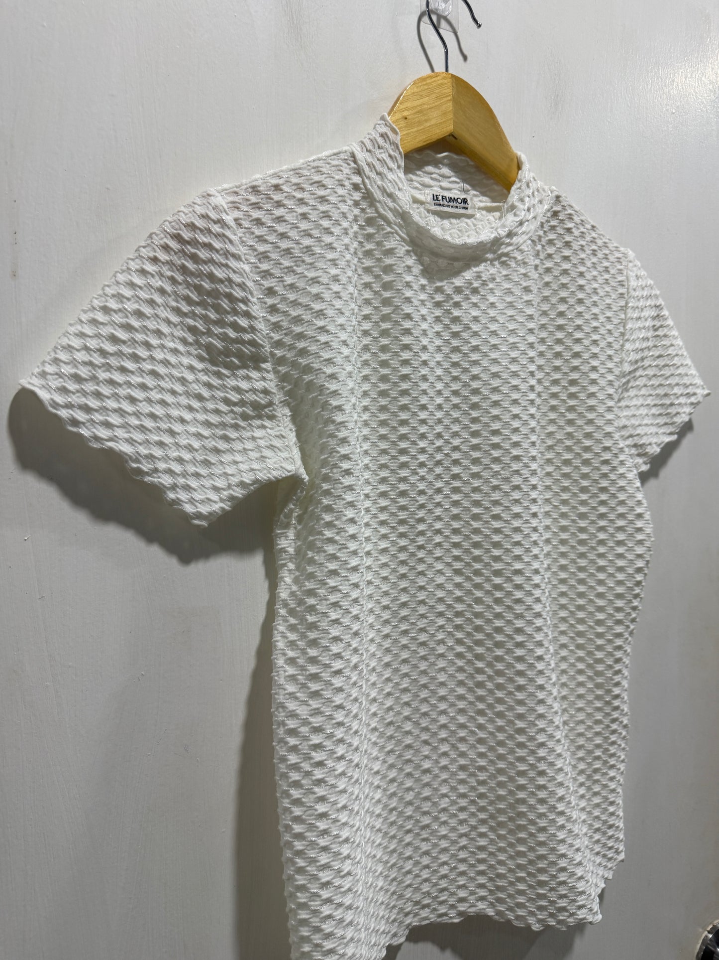 Le' Fumoir White Waffle-Knit Ruffled High-Neck Top S/M