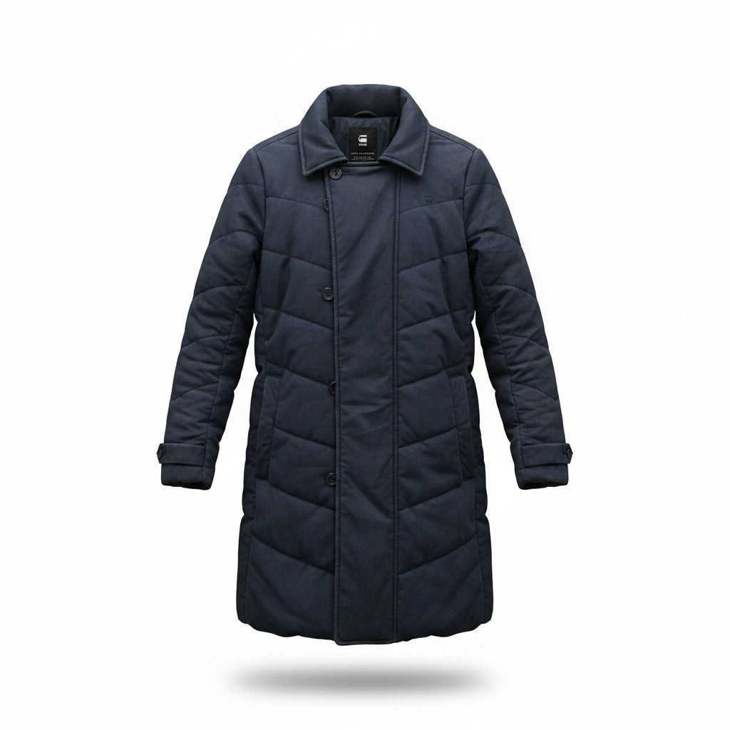 Navy Long Puffer Coat — Stand-Up Collar — G-Star Raw