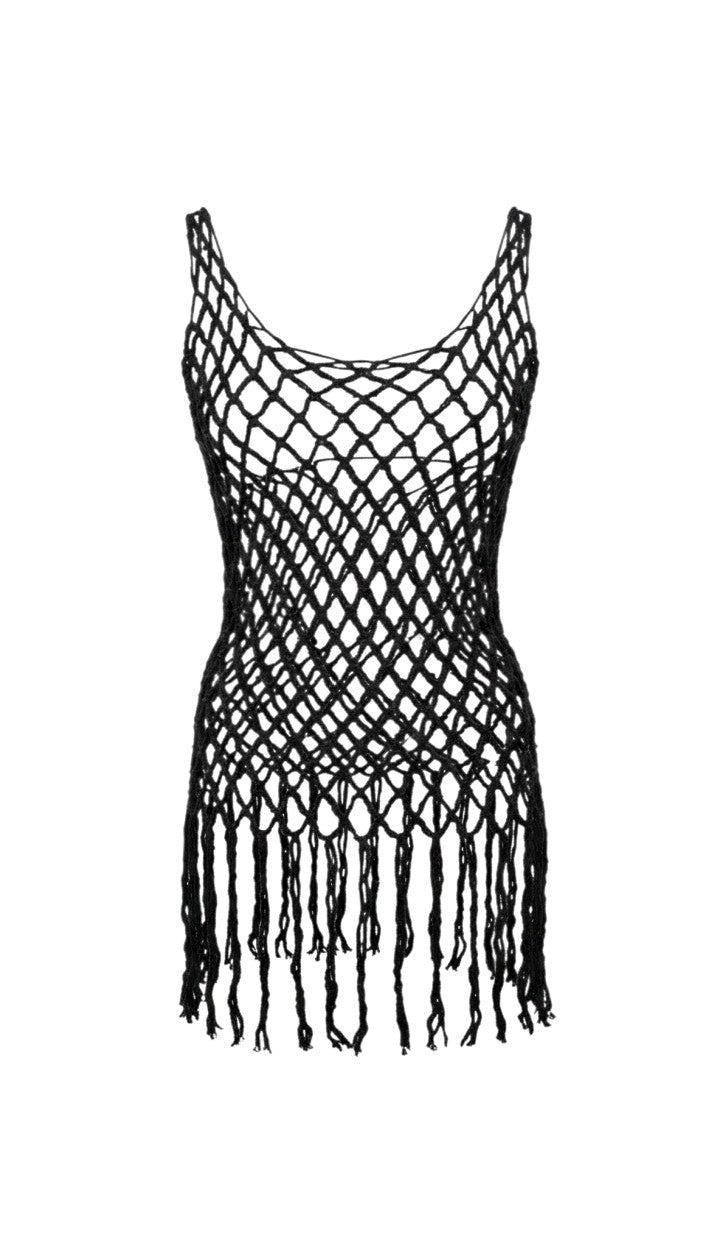 No Brand Black Open-Knit Mesh Fringed Tank Top Free Size