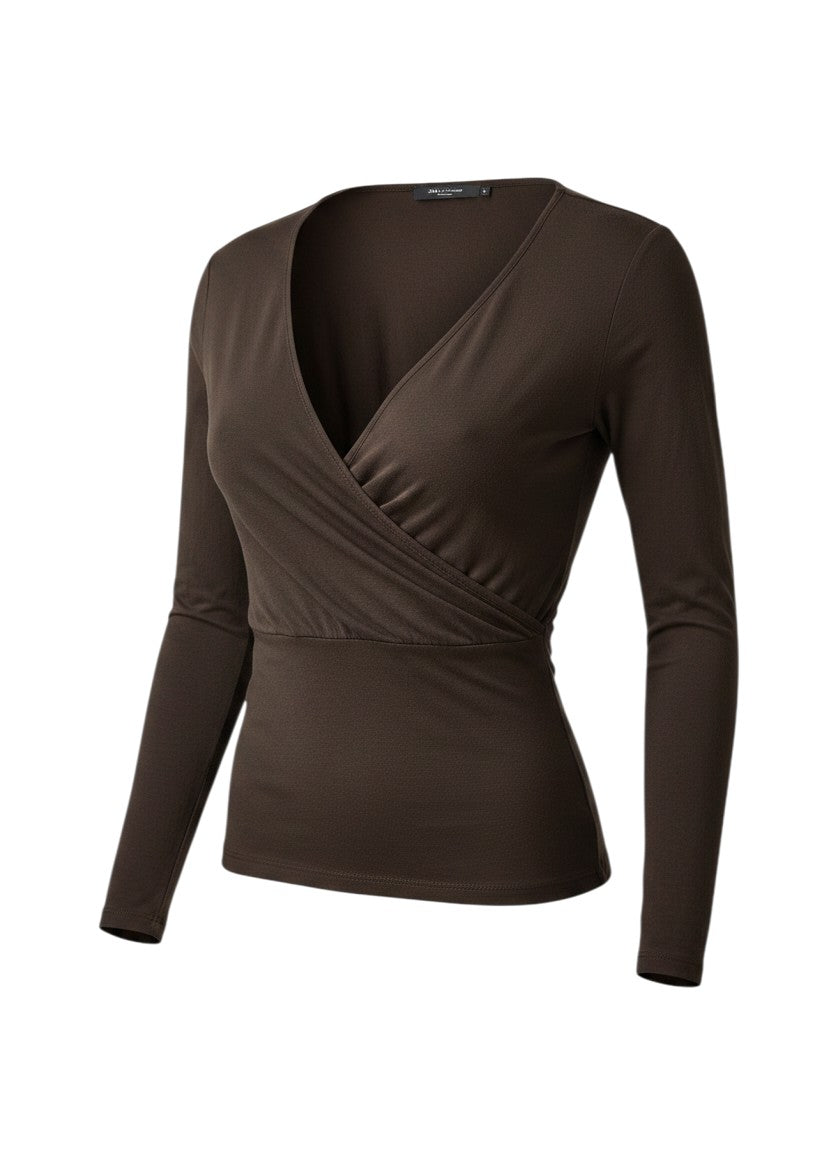 Zara Evening Collection Dark Brown Long-Sleeve Wrap Top Size M