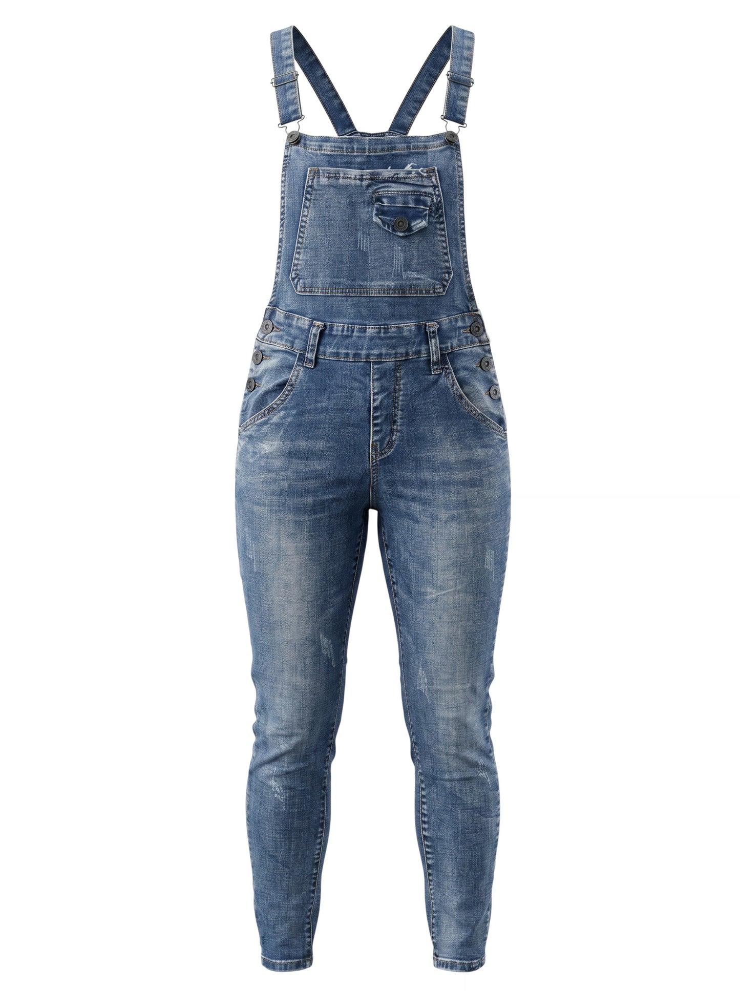 Distressed Denim Overalls — Slim Adjustable Strap Fit — No Brand