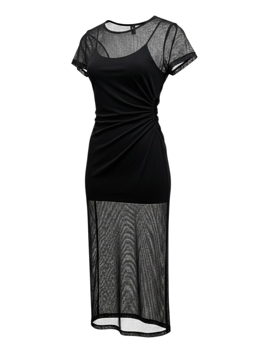 No Brand Black Mesh Ruched Maxi Dress M