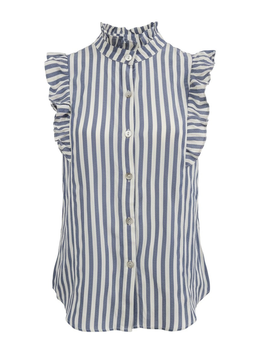 SHEIN Blue Striped Ruffled Sleeveless Blouse