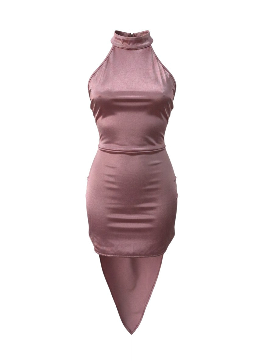 Pink Satin High-Neck Asymmetric Hem Mini Dress — Ruched Luxe Finish — Shein