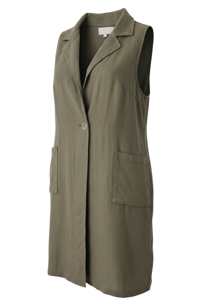 Olive Green Linen Long Vest — Single Button — No Label