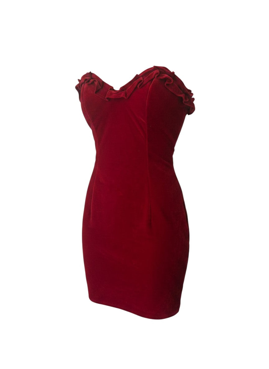 Red Velvet Ruffled Sweetheart Mini Dress — Spaghetti Strap Statement — No Label