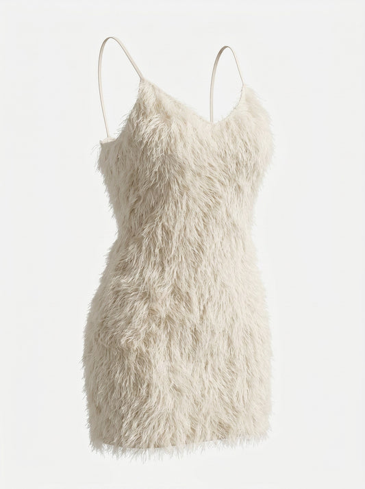 White Metallic Fringe Mini Dress — V-Neck Spaghetti Strap — SHEIN
