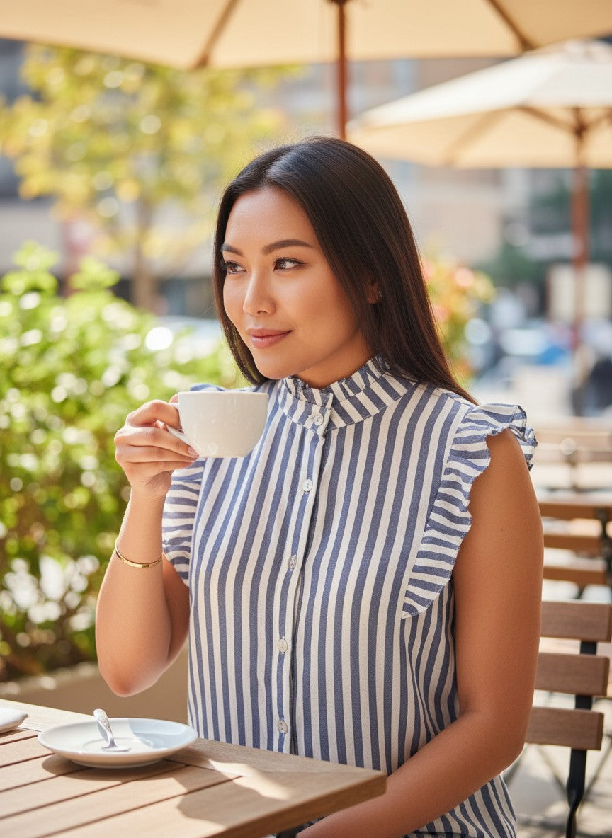 SHEIN Blue Striped Ruffled Sleeveless Blouse