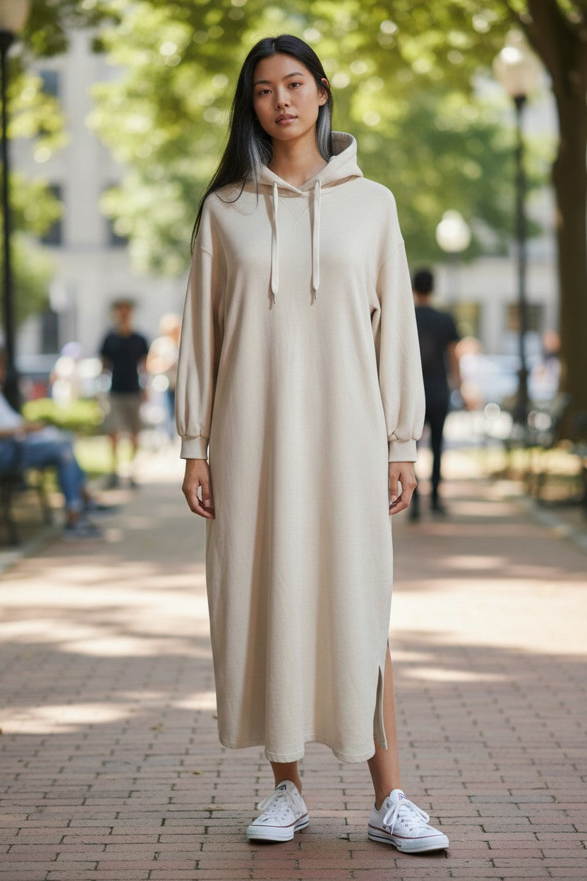 Hooded Sweat Maxi Dress — Cream/Oatmeal — OZOC