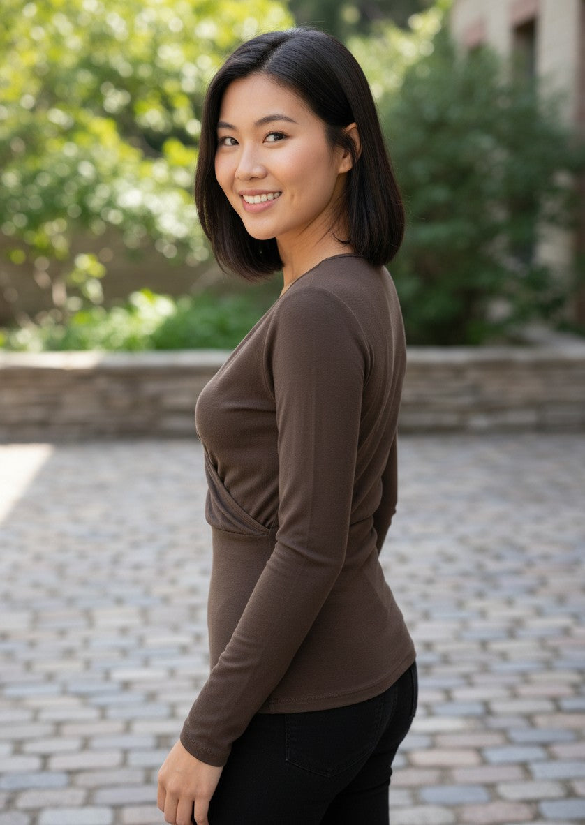 Zara Evening Collection Dark Brown Long-Sleeve Wrap Top Size M