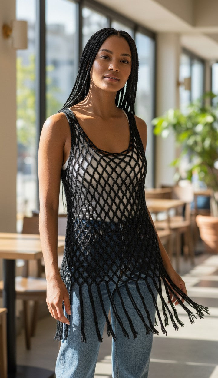 No Brand Black Open-Knit Mesh Fringed Tank Top Free Size
