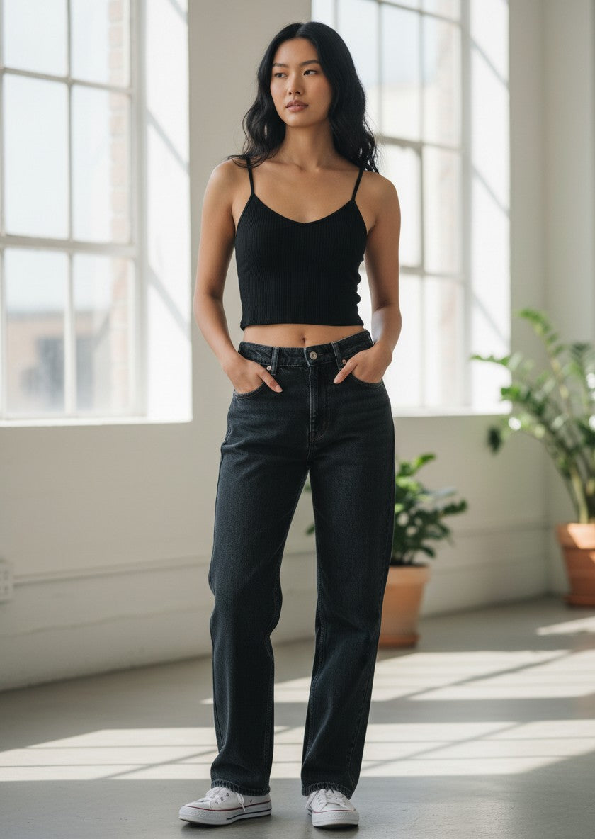Sur Black Ribbed Camisole Crop Top M