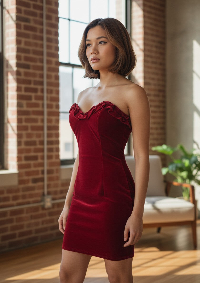 Red Velvet Ruffled Sweetheart Mini Dress — Spaghetti Strap Statement — No Label