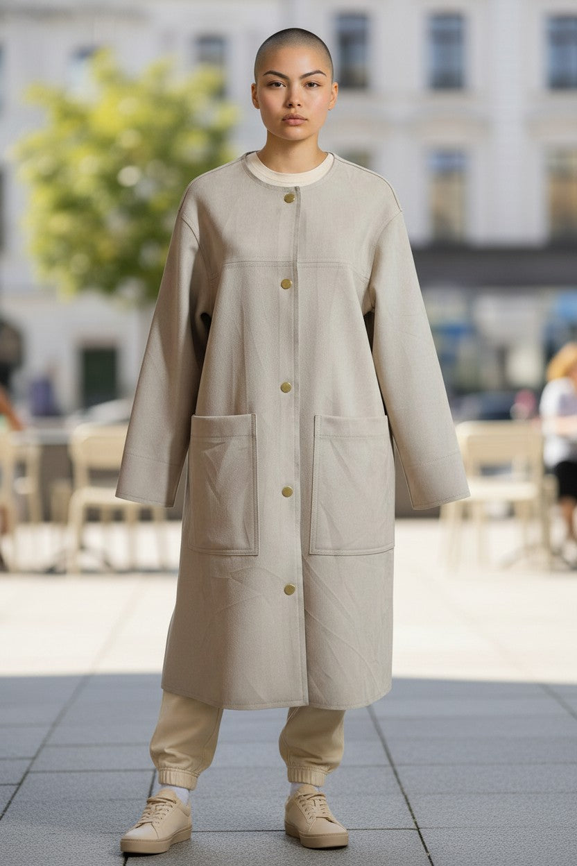 Faux Suede Long Coat — Beige/Sand — RAFRAF