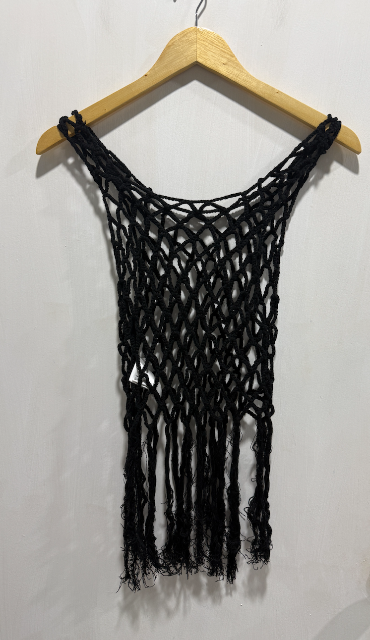 No Brand Black Open-Knit Mesh Fringed Tank Top Free Size