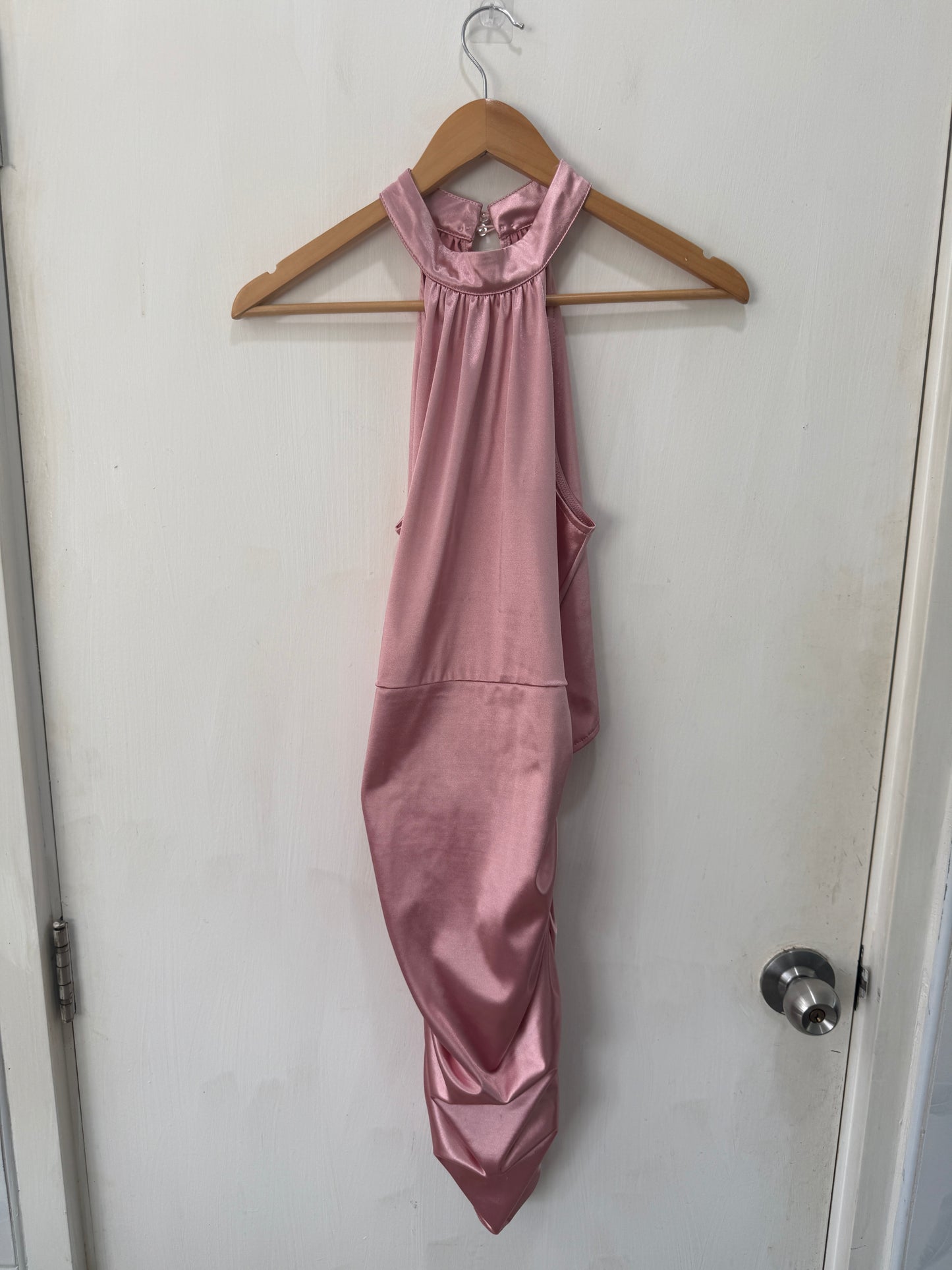Pink Satin High-Neck Asymmetric Hem Mini Dress — Ruched Luxe Finish — Shein