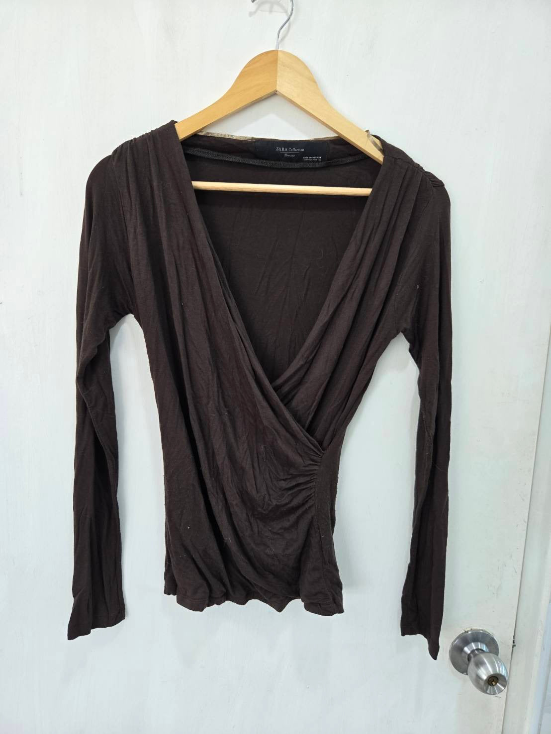 Zara Evening Collection Dark Brown Long-Sleeve Wrap Top Size M