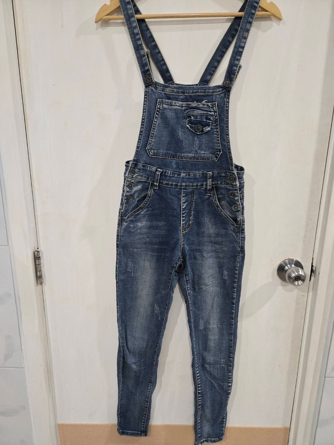 Distressed Denim Overalls — Slim Adjustable Strap Fit — No Brand