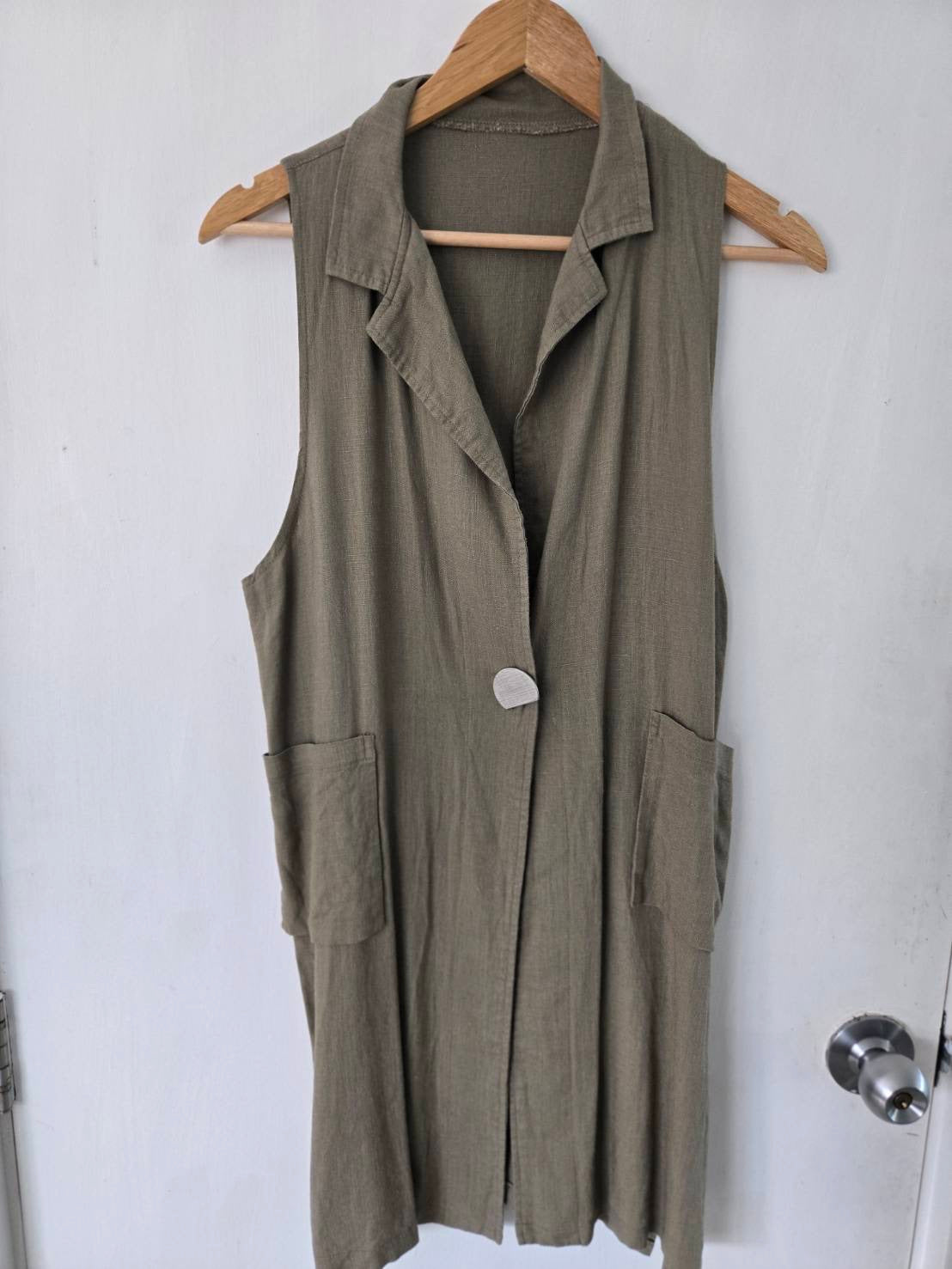 Olive Green Linen Long Vest — Single Button — No Label