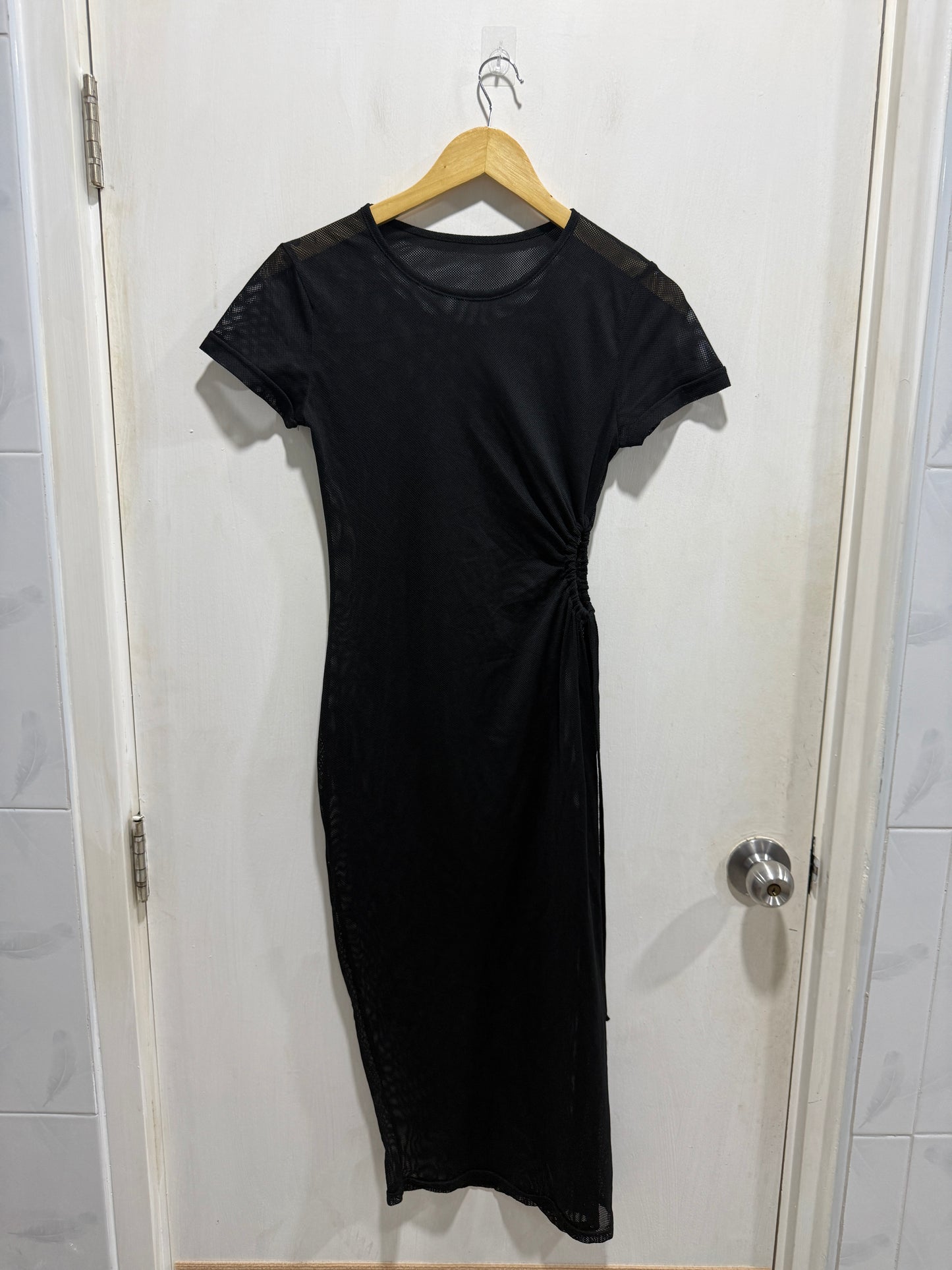 No Brand Black Mesh Ruched Maxi Dress M