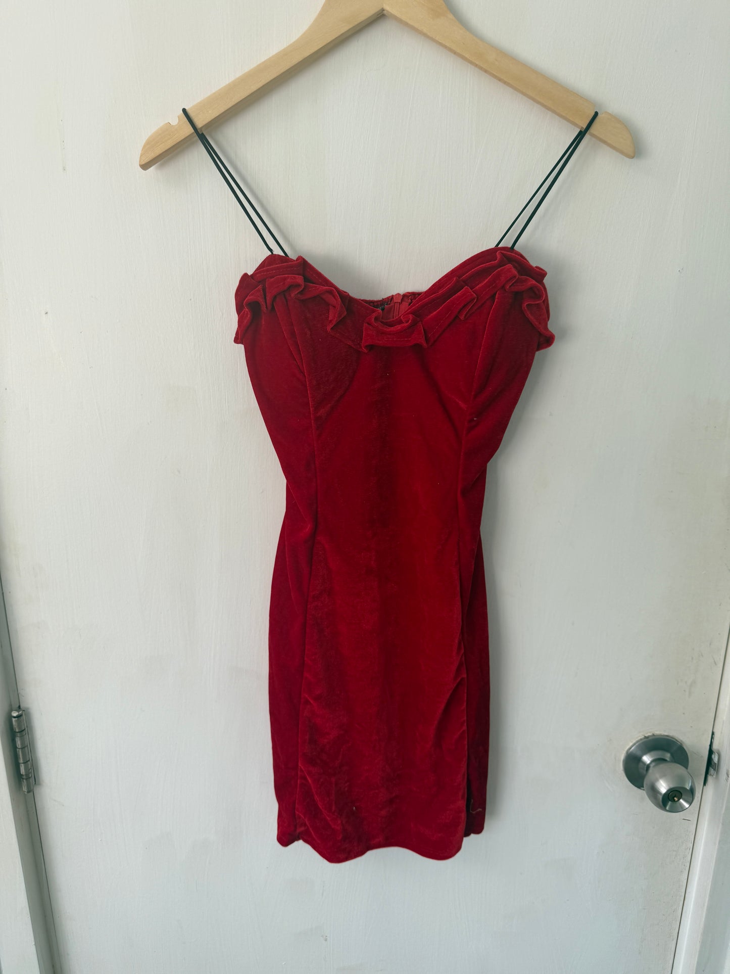 Red Velvet Ruffled Sweetheart Mini Dress — Spaghetti Strap Statement — No Label