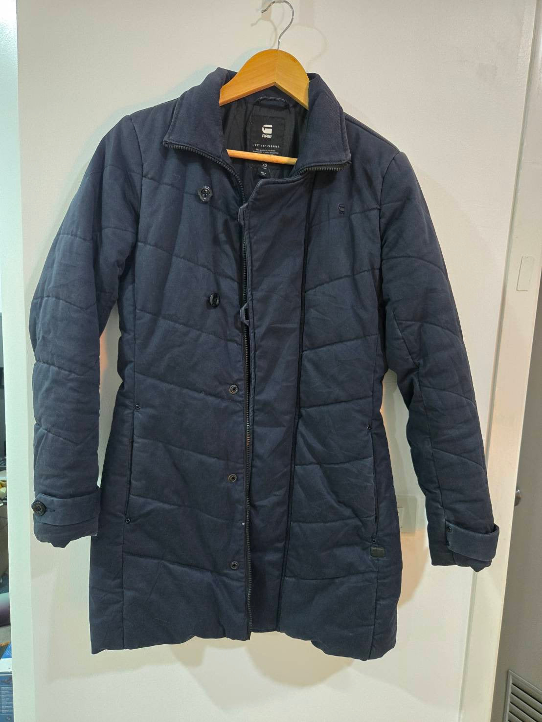 Navy Long Puffer Coat — Stand-Up Collar — G-Star Raw
