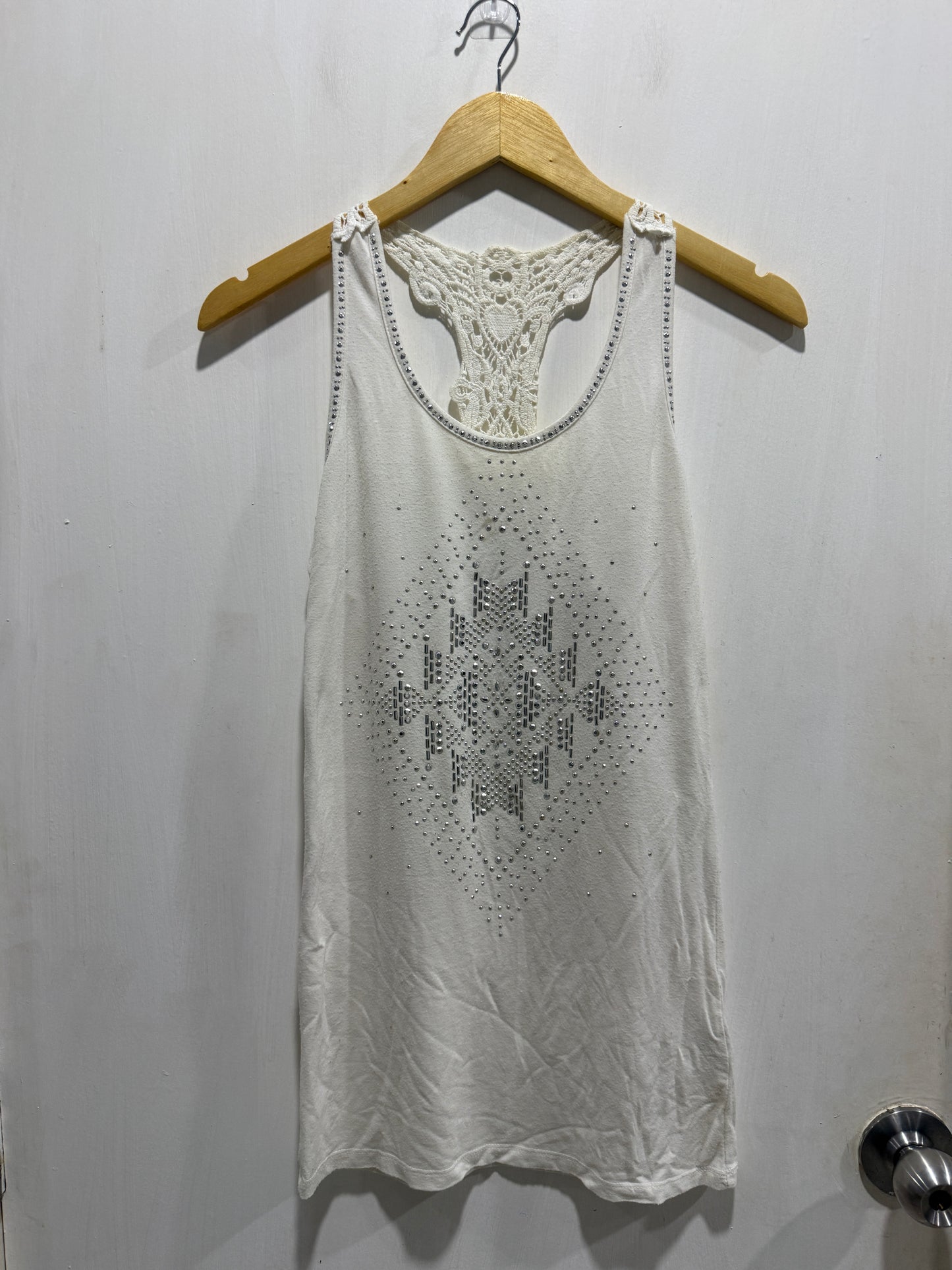 Dosch White Metal Bead Lace Racerback Tank Top M