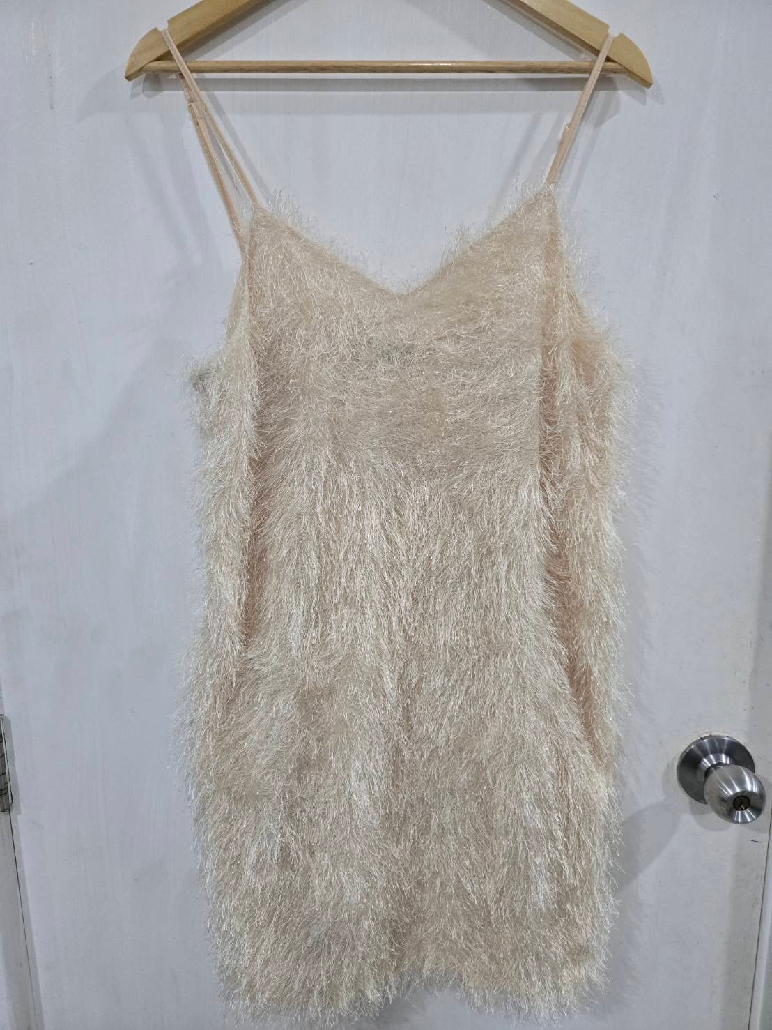 White Metallic Fringe Mini Dress — V-Neck Spaghetti Strap — SHEIN