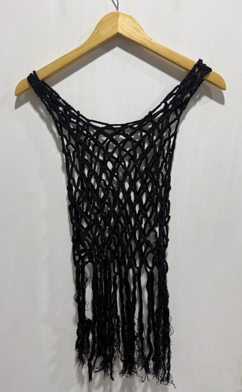 No Brand Black Open-Knit Mesh Fringed Tank Top Free Size