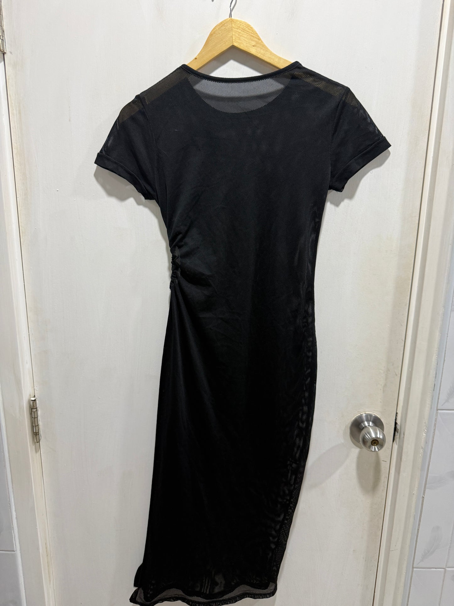 No Brand Black Mesh Ruched Maxi Dress M