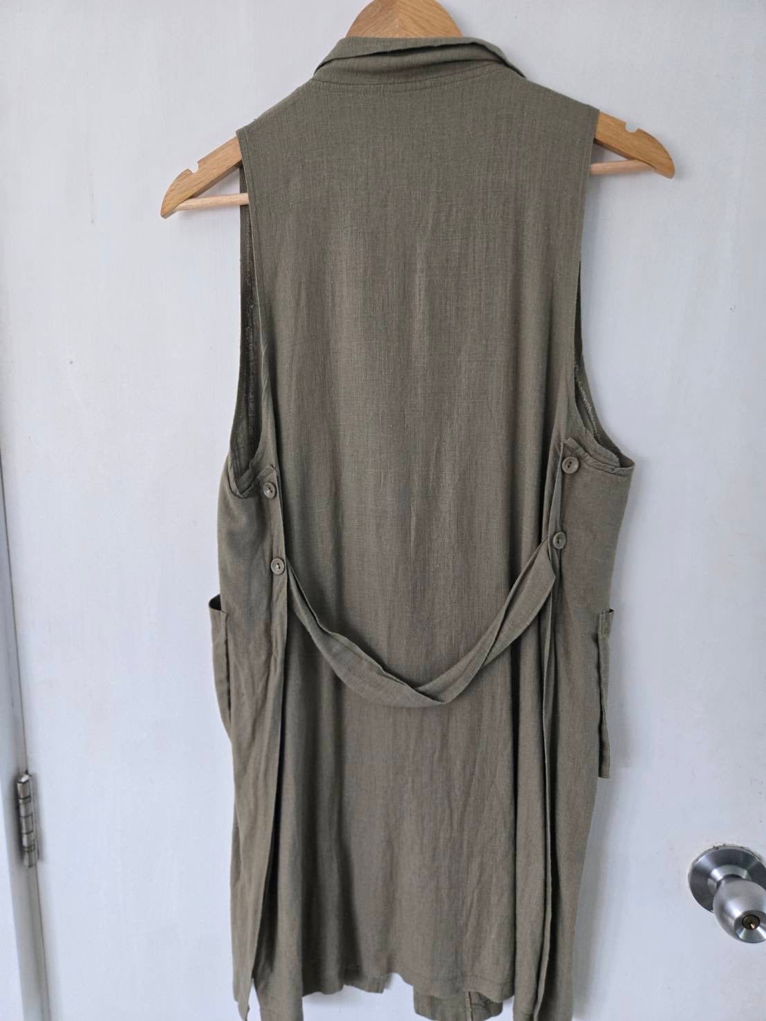 Olive Green Linen Long Vest — Single Button — No Label