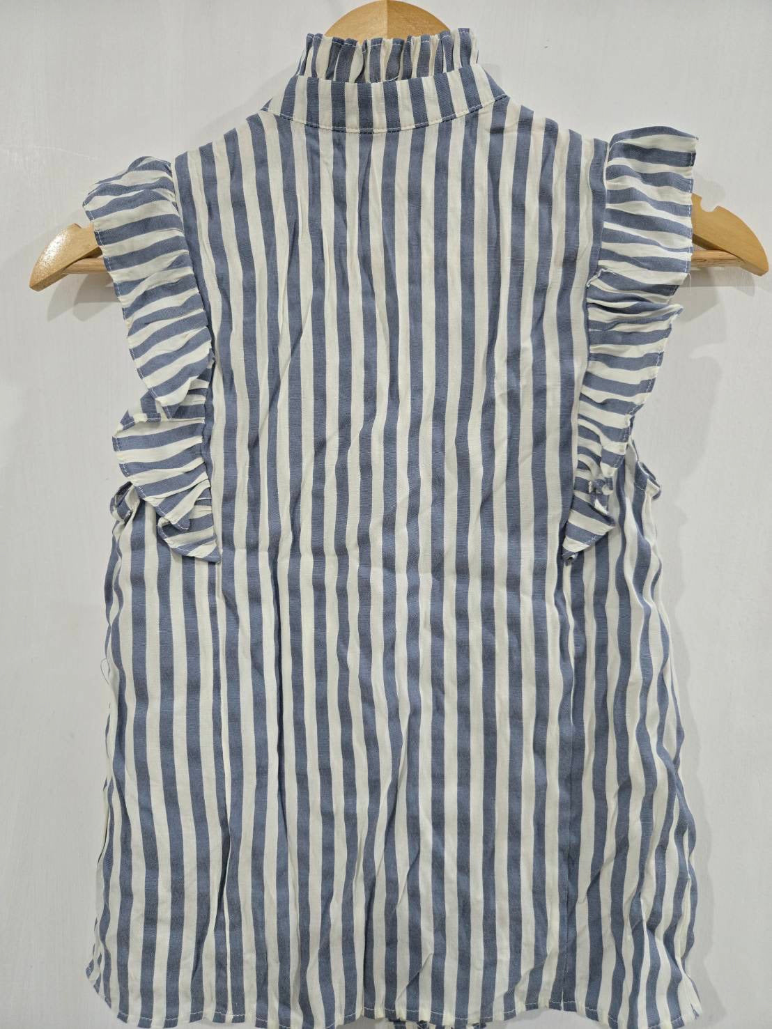SHEIN Blue Striped Ruffled Sleeveless Blouse