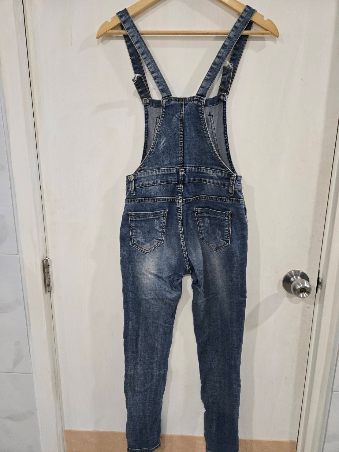 Distressed Denim Overalls — Slim Adjustable Strap Fit — No Brand
