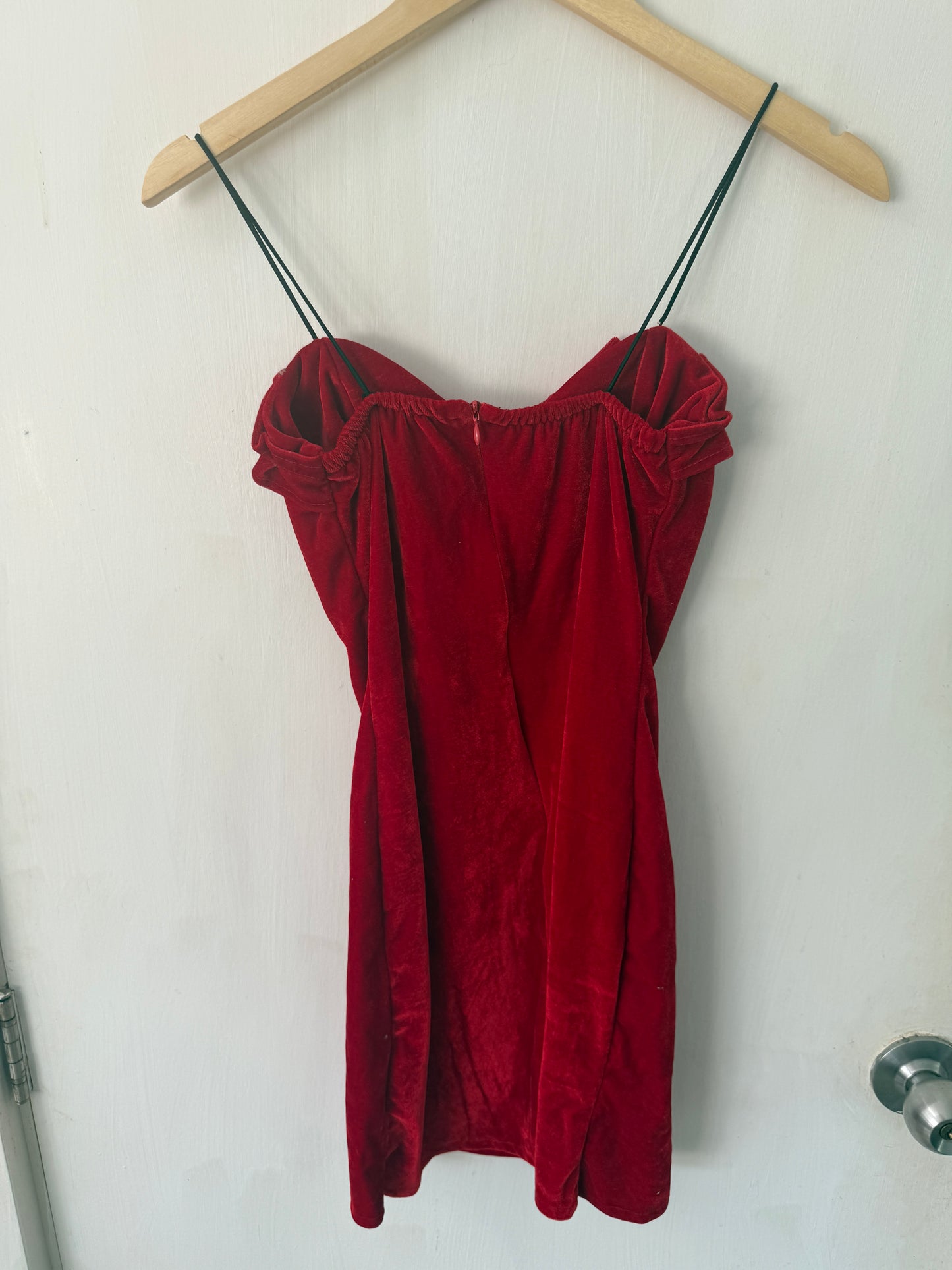 Red Velvet Ruffled Sweetheart Mini Dress — Spaghetti Strap Statement — No Label