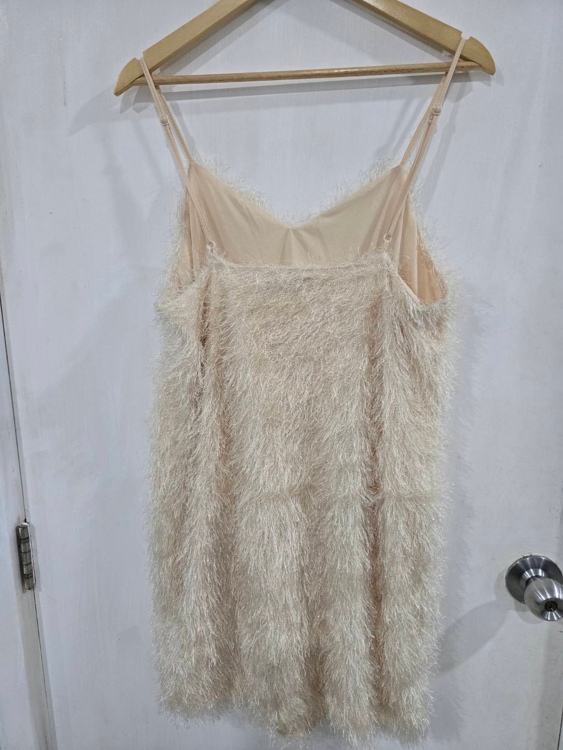 White Metallic Fringe Mini Dress — V-Neck Spaghetti Strap — SHEIN