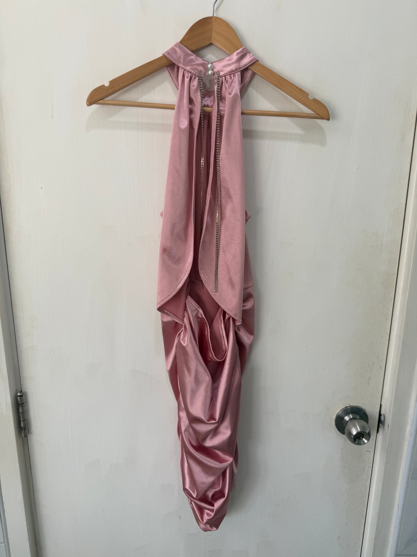 Pink Satin High-Neck Asymmetric Hem Mini Dress — Ruched Luxe Finish — Shein