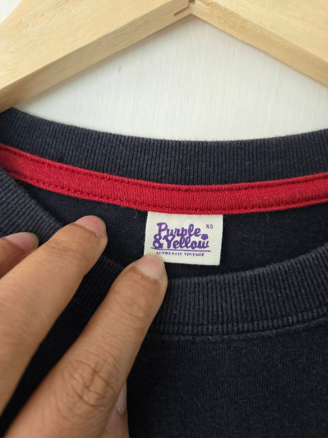Navy Fine Knit Jumper — Red Embroidered Slogan — Purple & Yellow