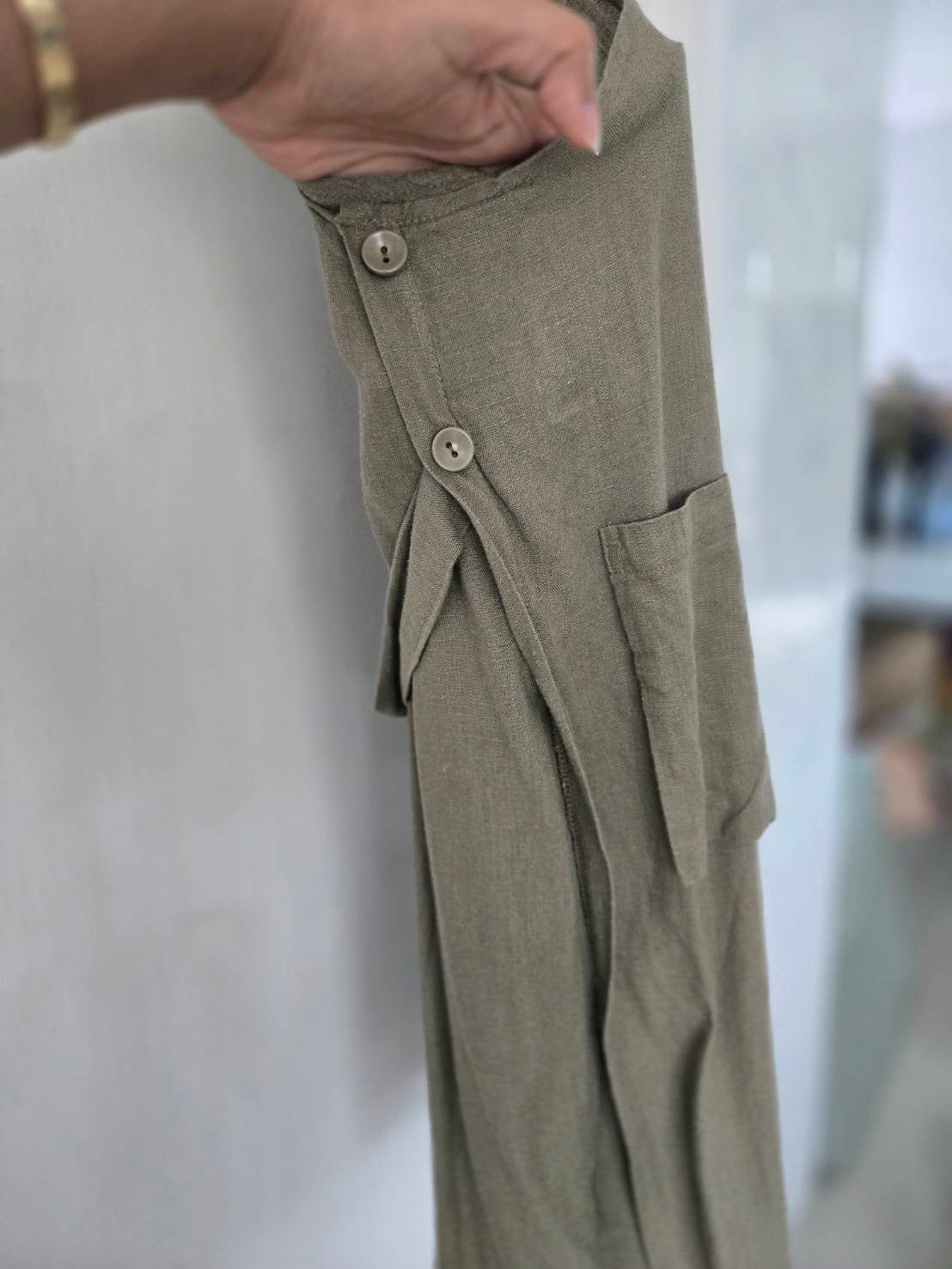 Olive Green Linen Long Vest — Single Button — No Label