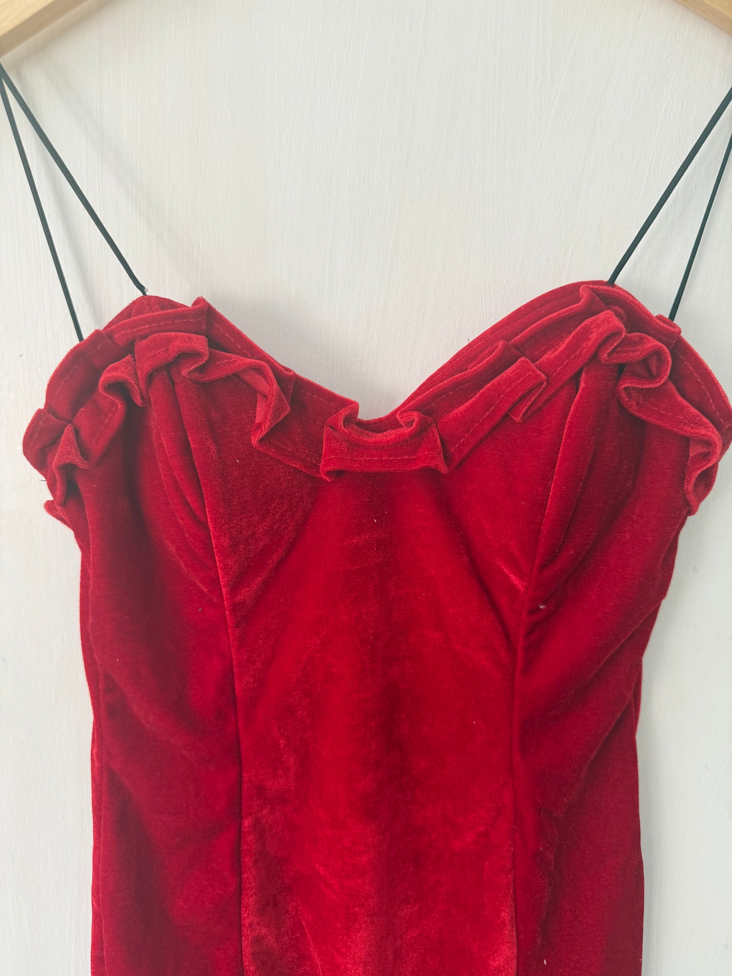 Red Velvet Ruffled Sweetheart Mini Dress — Spaghetti Strap Statement — No Label