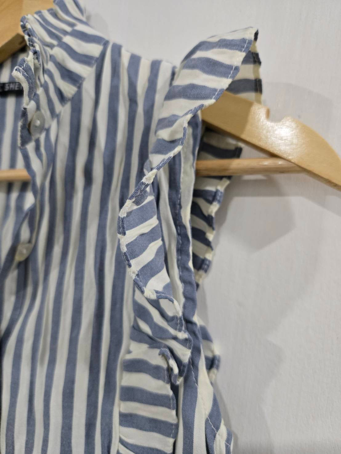 SHEIN Blue Striped Ruffled Sleeveless Blouse