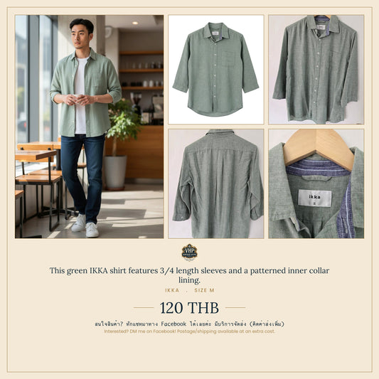 Green 3/4 Sleeve Shirt — Patterned Inner Collar — Ikka