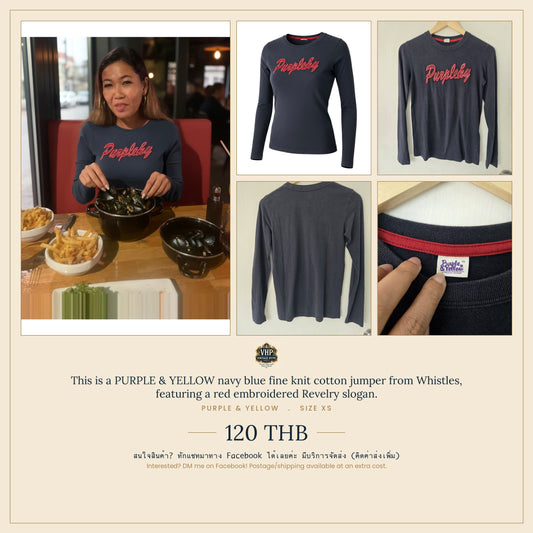 Navy Fine Knit Jumper — Red Embroidered Slogan — Purple & Yellow