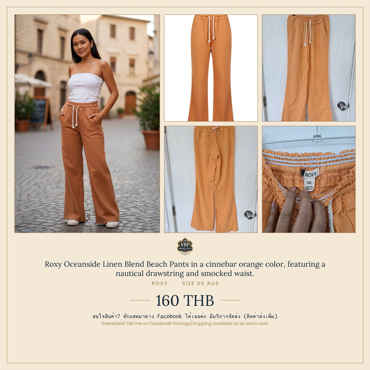 Cinnebar Orange Linen-Blend Beach Pants — Drawstring Waist — Roxy