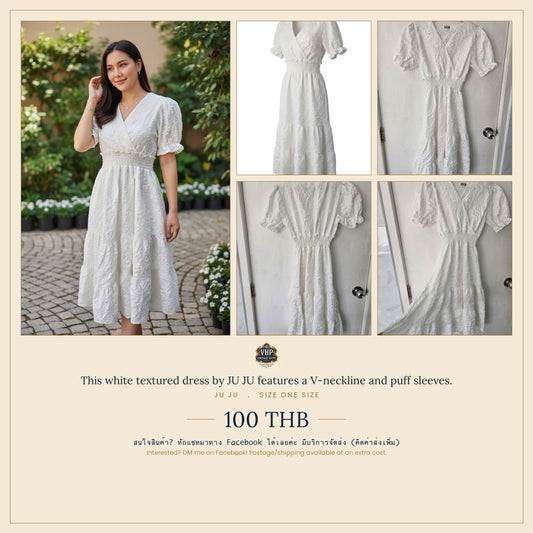 White Textured Midi Dress — V-Neck Puff Sleeves — JU JU