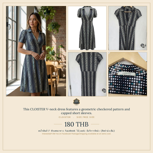 Cloister Geometric Checkered V-Neck Dress — Free Size